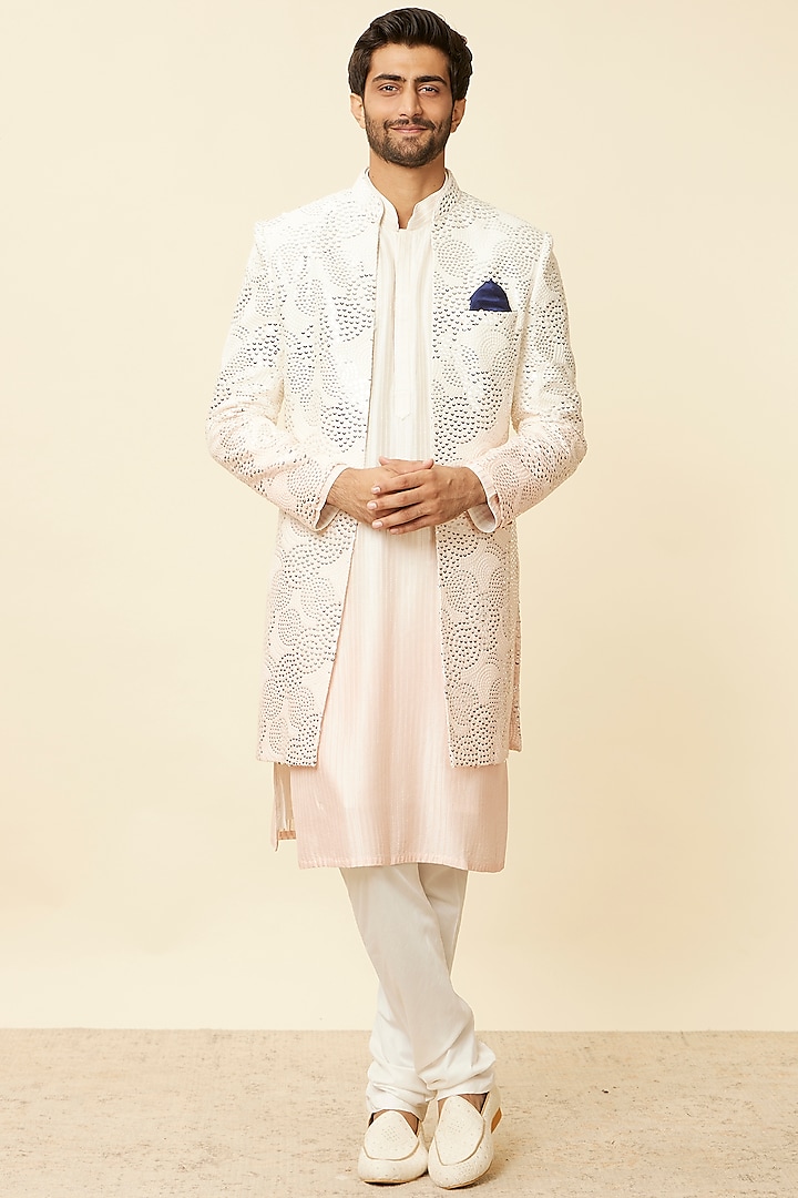 Warm White Art Silk Stone Embroidered Indo Western Set by Twamev at Pernia's Pop Up Shop