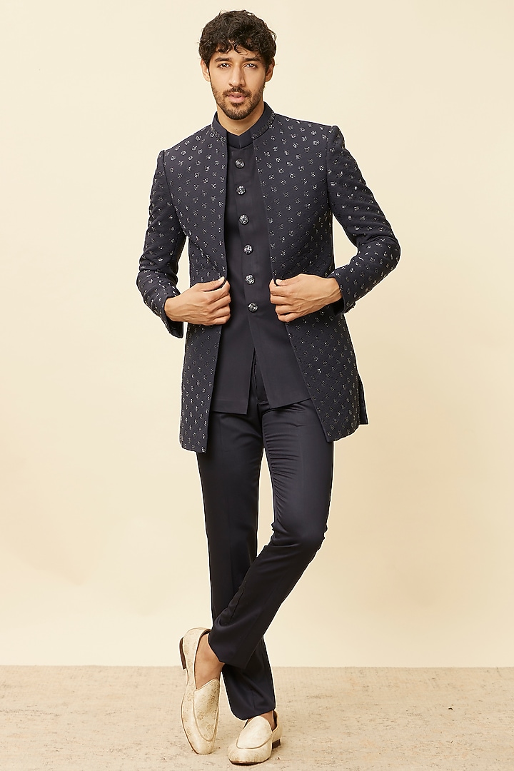 Blue Blended Rayon Stone Embroidered Indo Western Set by Twamev at Pernia's Pop Up Shop