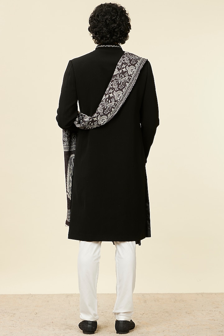 Black Blended Rayon Printed & Embroidered Wedding Sherwani Set by Twamev at Pernia's Pop Up Shop