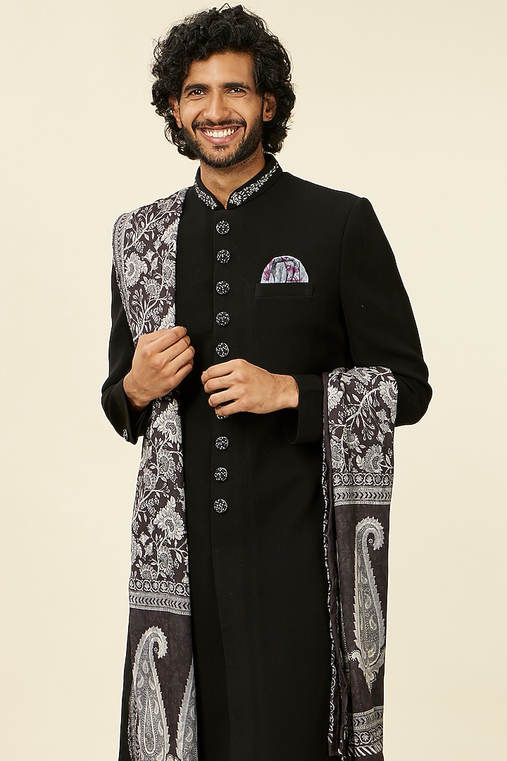 Black Blended Rayon Printed & Embroidered Wedding Sherwani Set by Twamev at Pernia's Pop Up Shop