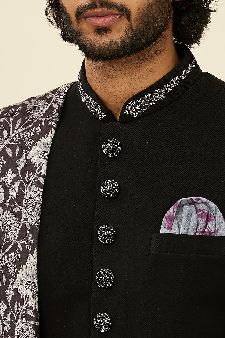 Black Blended Rayon Printed & Embroidered Wedding Sherwani Set by Twamev at Pernia's Pop Up Shop