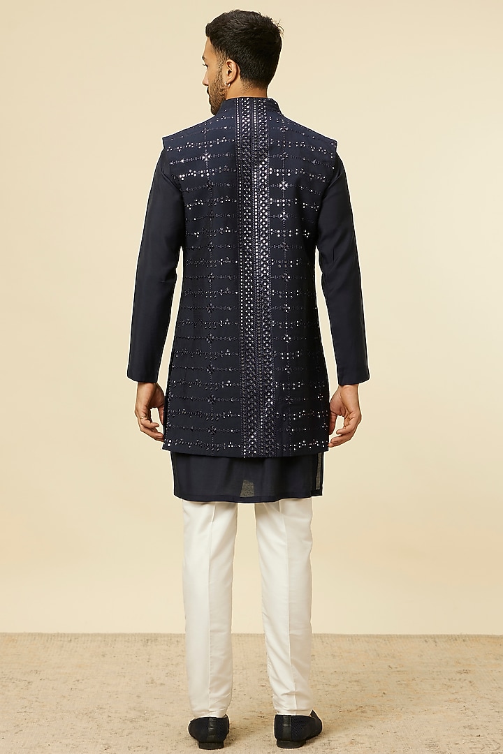 Blue Blended Viscose Embroidered Indowestern Jacket Set by Twamev at Pernia's Pop Up Shop