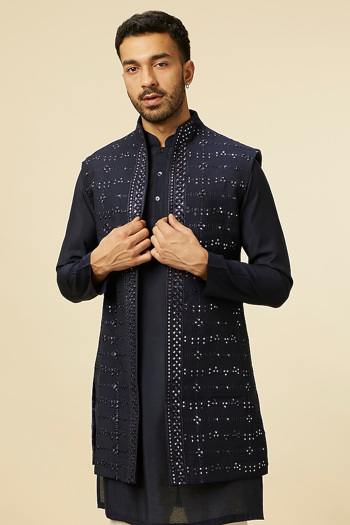 Blue Blended Viscose Embroidered Indowestern Jacket Set by Twamev at Pernia's Pop Up Shop