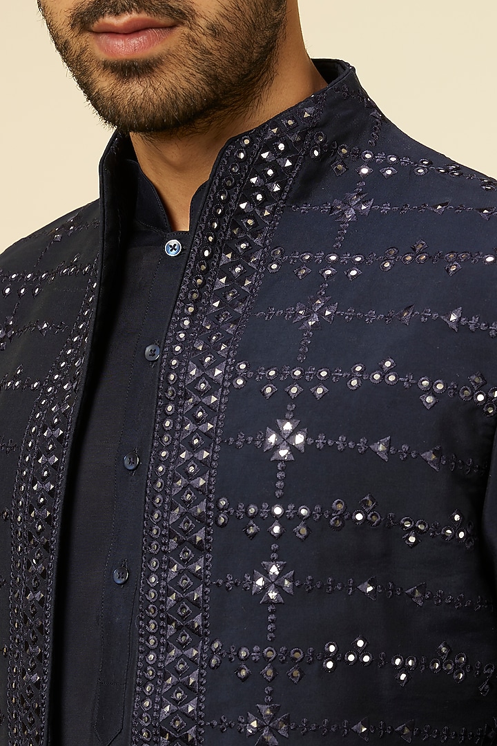 Blue Blended Viscose Embroidered Indowestern Jacket Set by Twamev at Pernia's Pop Up Shop