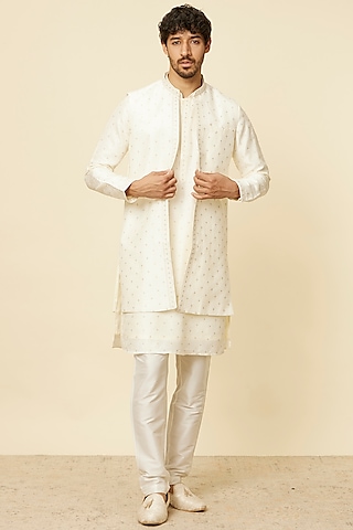 Warm White Art Silk Sequins Embroidered Indowestern Set by Twamev