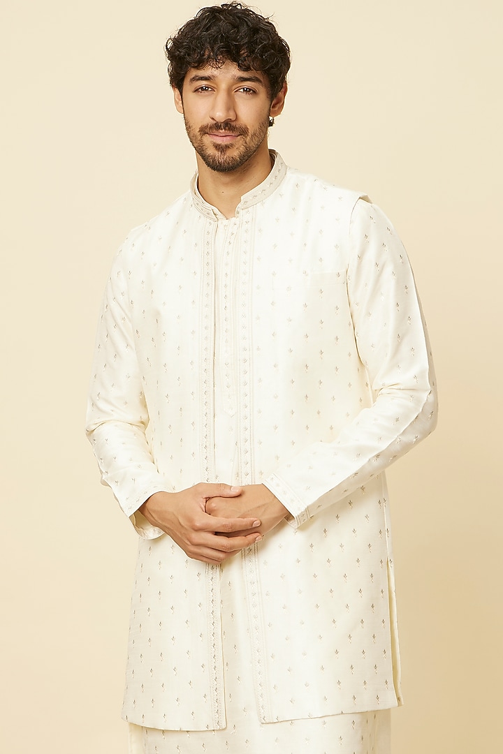 Warm White Art Silk Sequins Embroidered Indowestern Set by Twamev at Pernia's Pop Up Shop