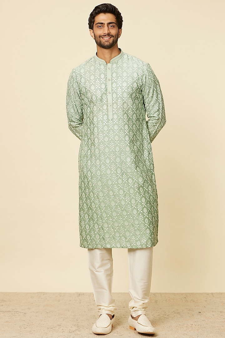 Green Art Silk Sequins & Zari Embroidered Kurta Set by Twamev