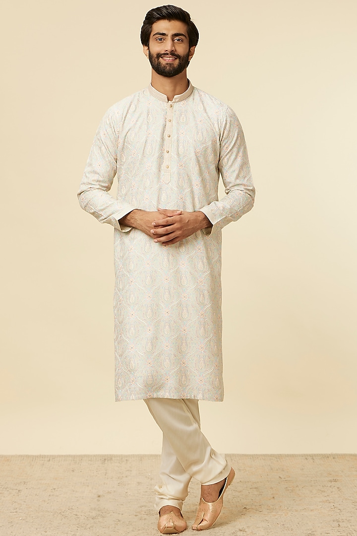 Peach Blended Viscose Embroidered Kurta Set by Twamev