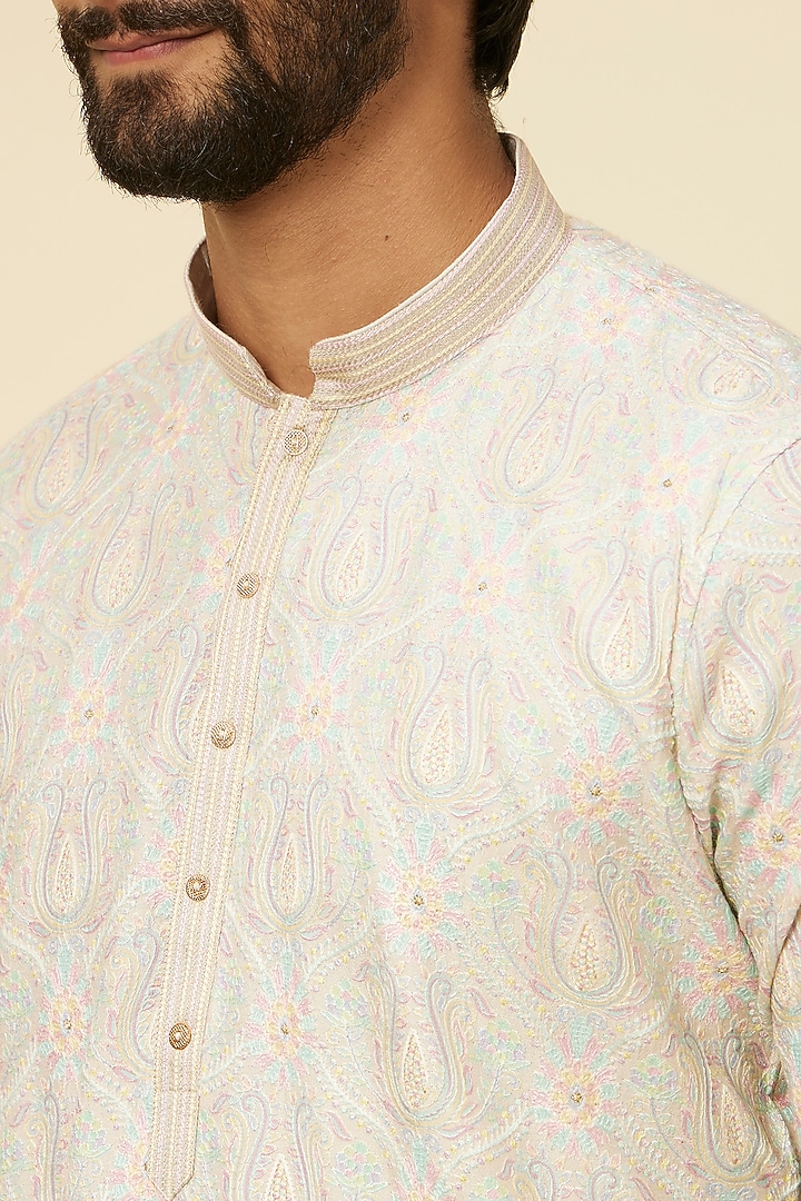 Peach Blended Viscose Embroidered Kurta Set by Twamev at Pernia's Pop Up Shop
