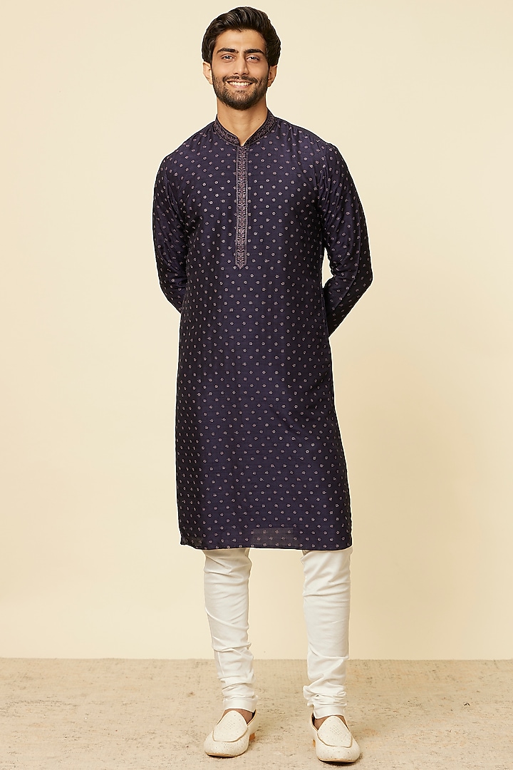 Blue Art Silk Embroidered Kurta Set by Twamev at Pernia's Pop Up Shop