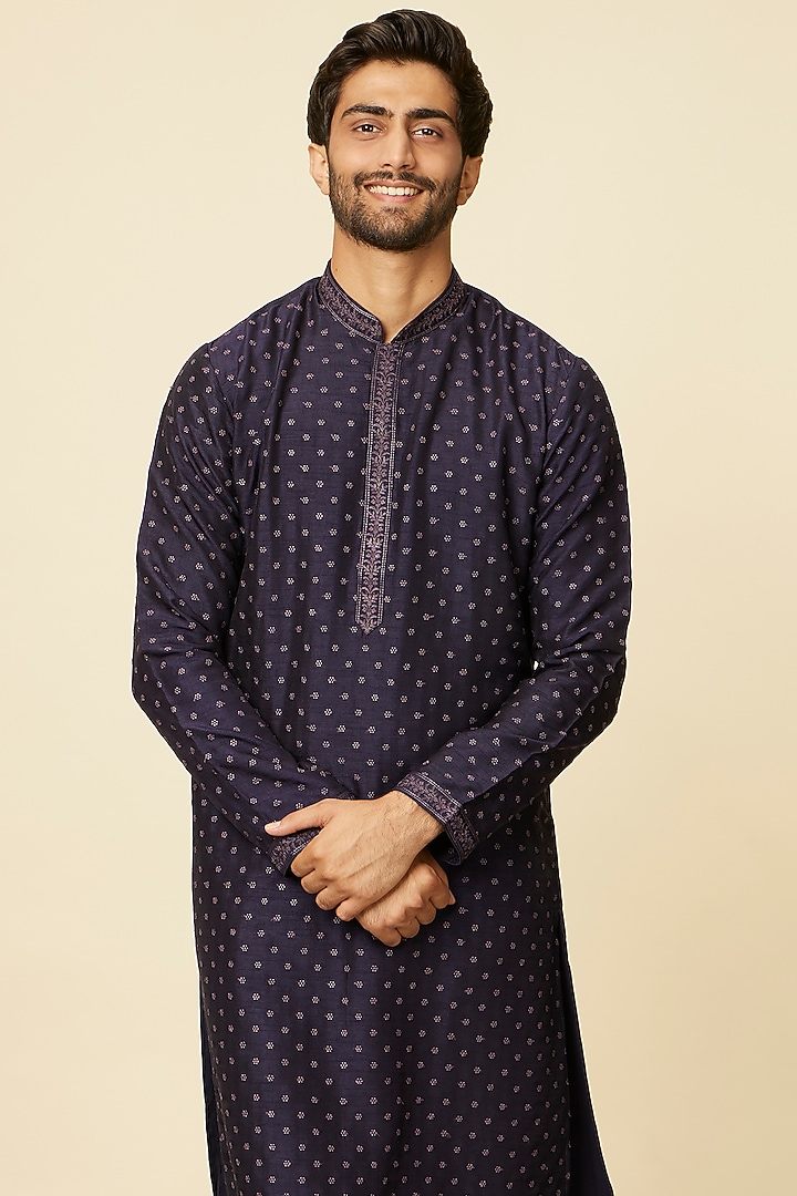 Blue Art Silk Embroidered Kurta Set by Twamev at Pernia's Pop Up Shop