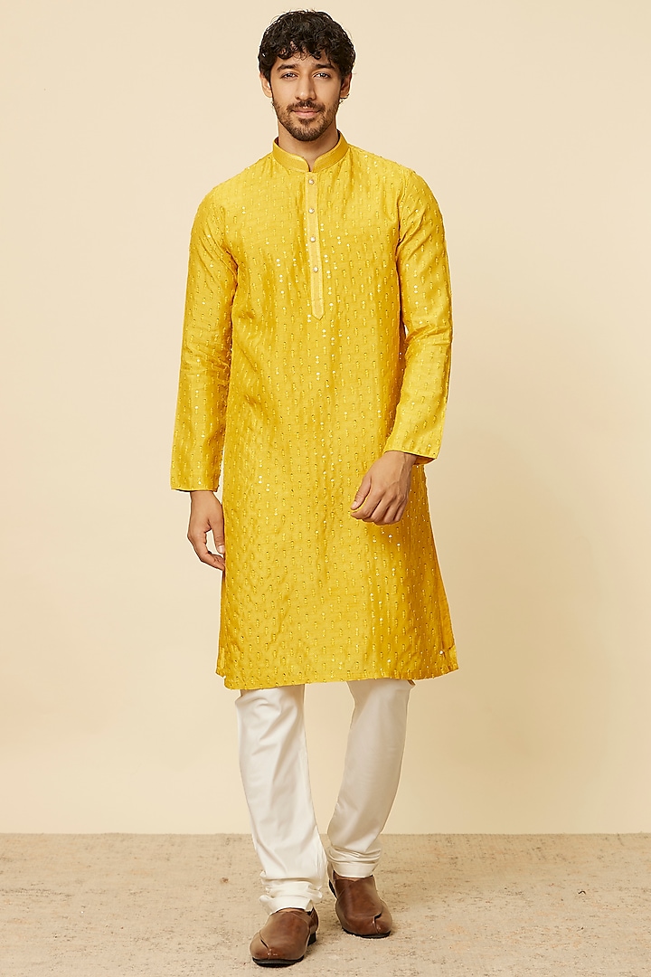 Mustard Art Silk Zari & Sequins Embroidered Kurta Set by Twamev