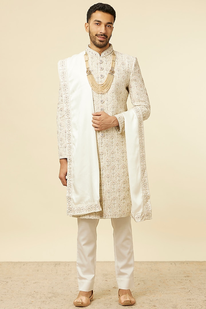 Warm White Art Silk Zari & Sequins Embroidered Sherwani Set by Twamev