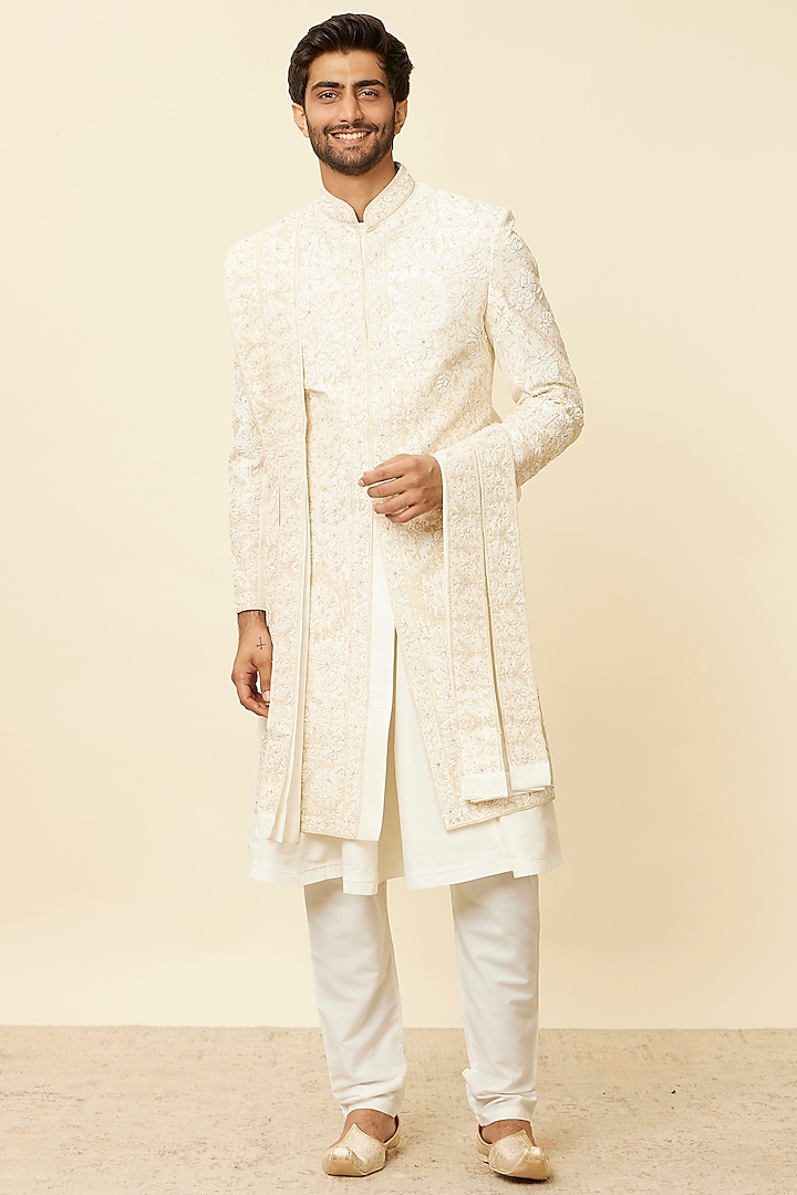 Warm White Art Silk Zari & Sequins Embroidered Sherwani Set by Twamev