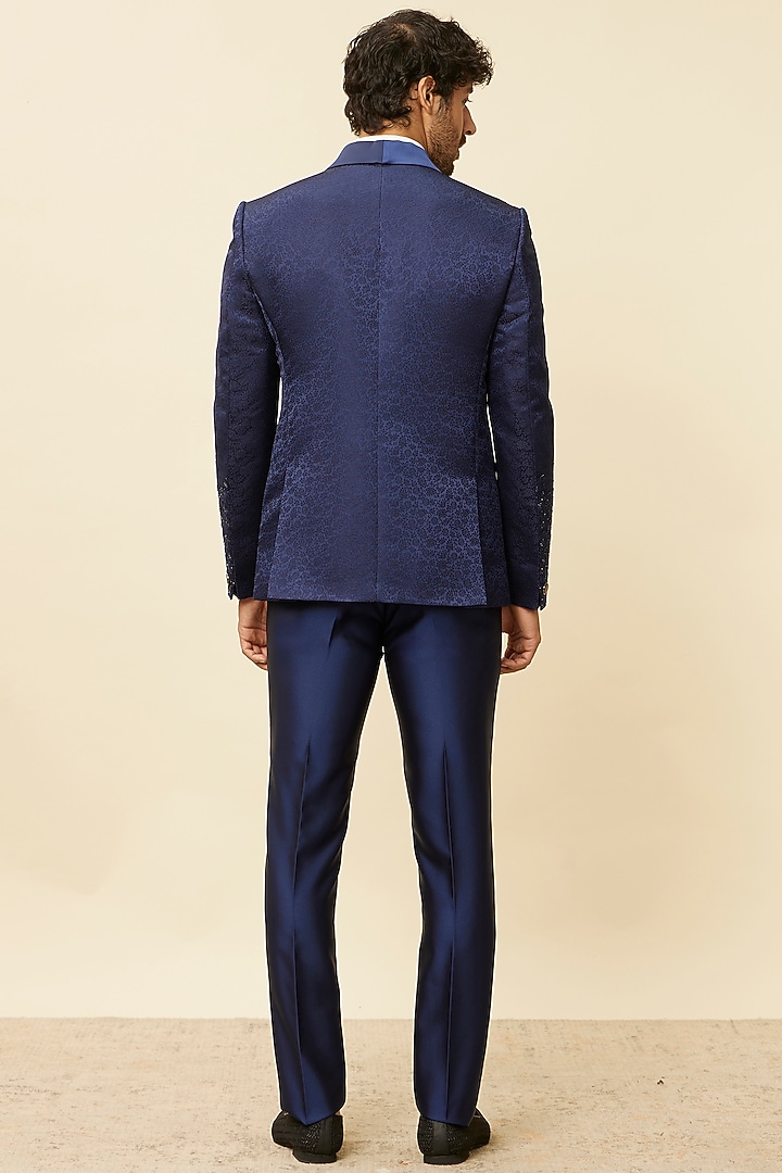 Blue Brocade Mirror Embroidered Blazer Set by Twamev at Pernia's Pop Up Shop