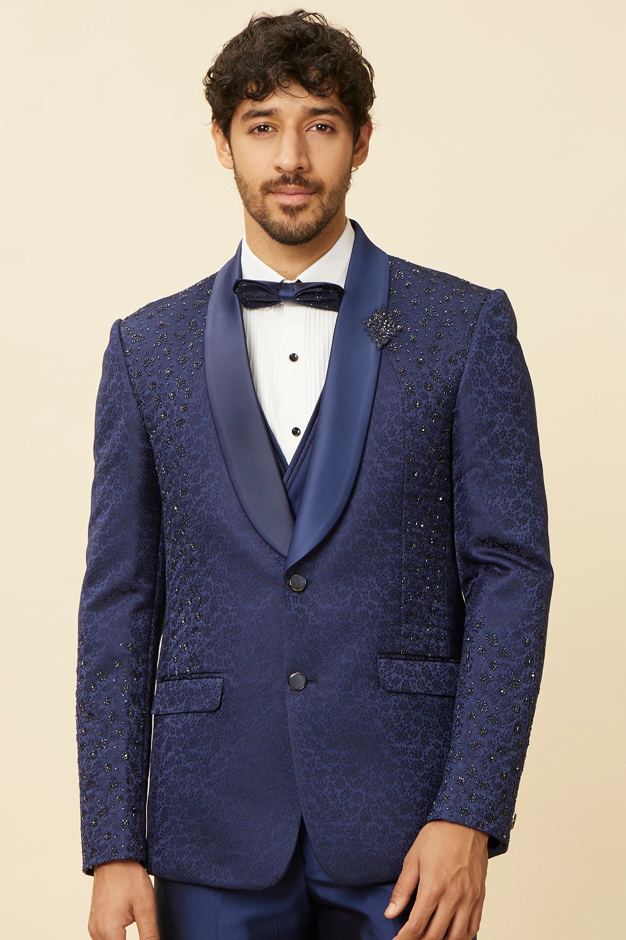 Blue Brocade Mirror Embroidered Blazer Set by Twamev at Pernia's