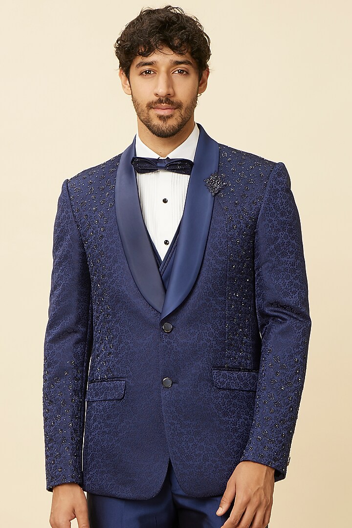 Blue Brocade Mirror Embroidered Blazer Set by Twamev at Pernia's Pop Up Shop