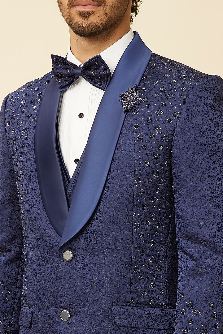 Blue Brocade Mirror Embroidered Blazer Set by Twamev at Pernia's Pop Up Shop