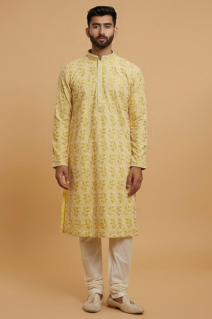 Yellow Blended Viscose Thread Embroidered Kurta Set by Twamev at Pernia's Pop Up Shop