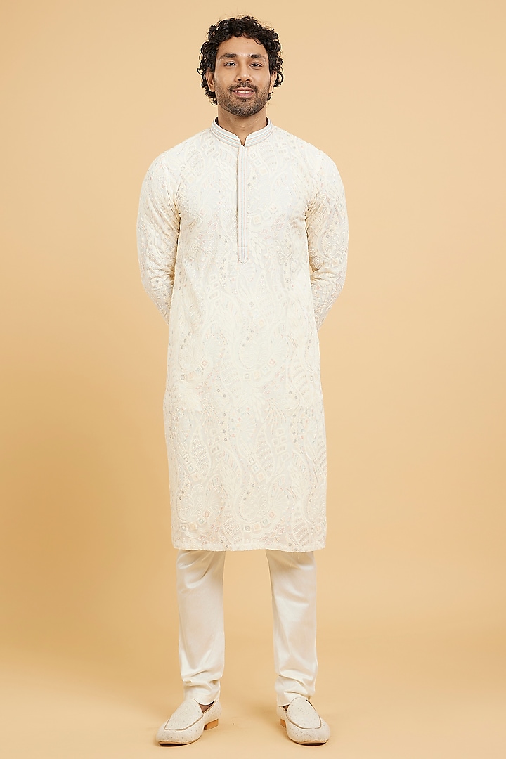 Cream Georgette Thread Embroidered Kurta Set by Twamev