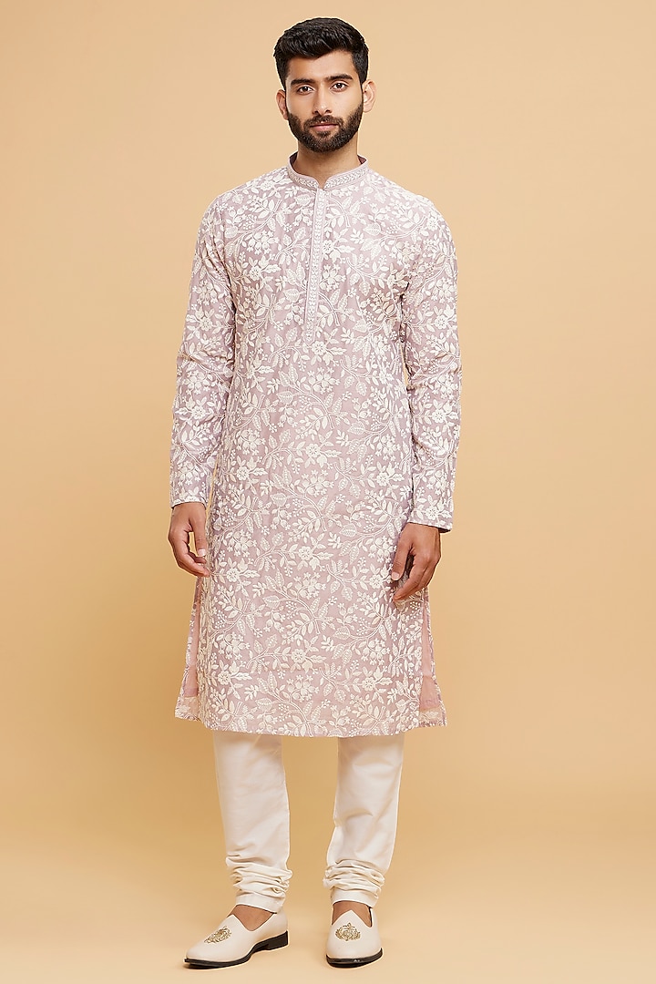 Dusty Pink Blended Viscose Thread Embroidered Kurta Set by Twamev