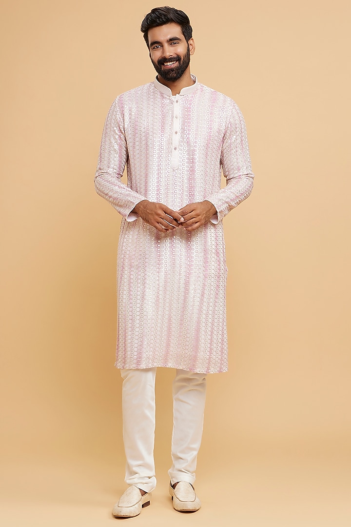 Cream & Pink Georgette Sequins Embroidered Kurta Set by Twamev