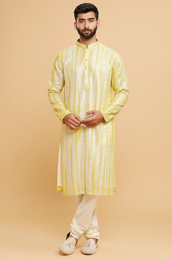 Yellow Georgette Sequins Embroidered Kurta Set by Twamev at Pernia's Pop Up Shop