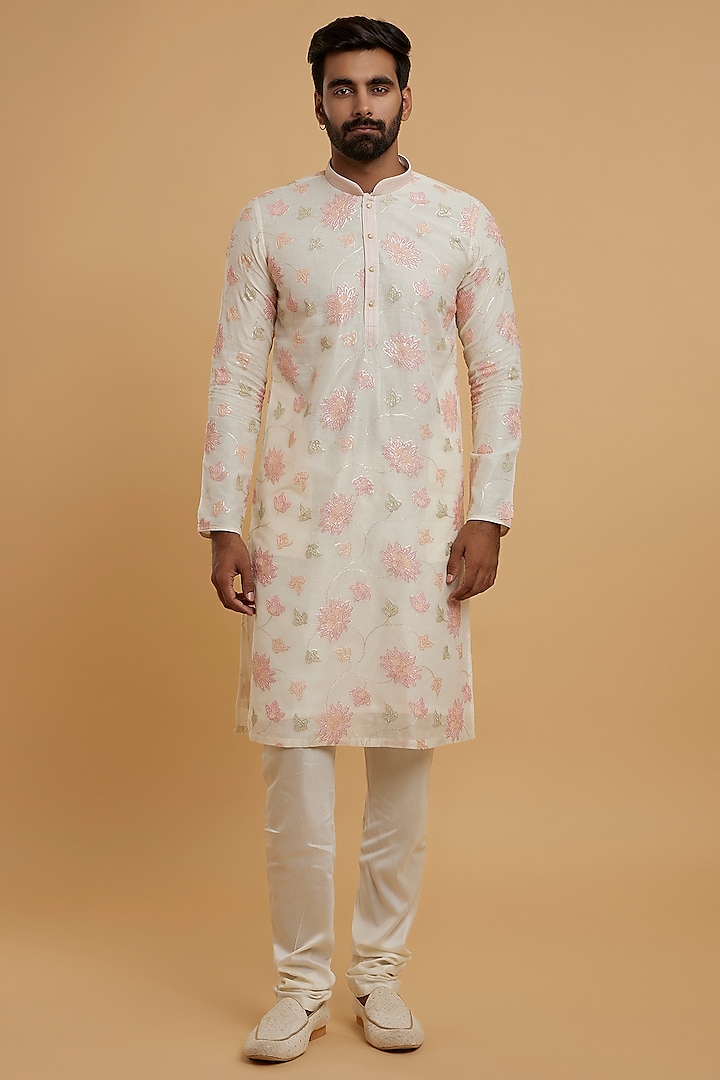 Cream Chanderi Sequins Embroidered Kurta Set by Twamev