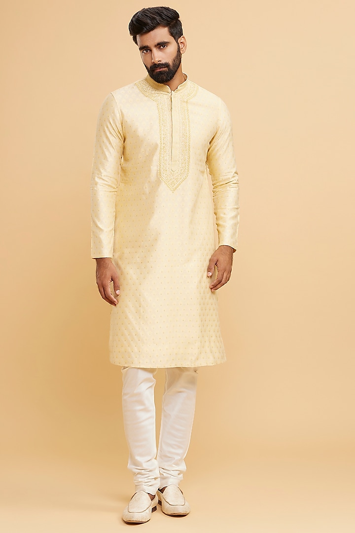 Beige Brocade Chikankari Kurta Set by Twamev