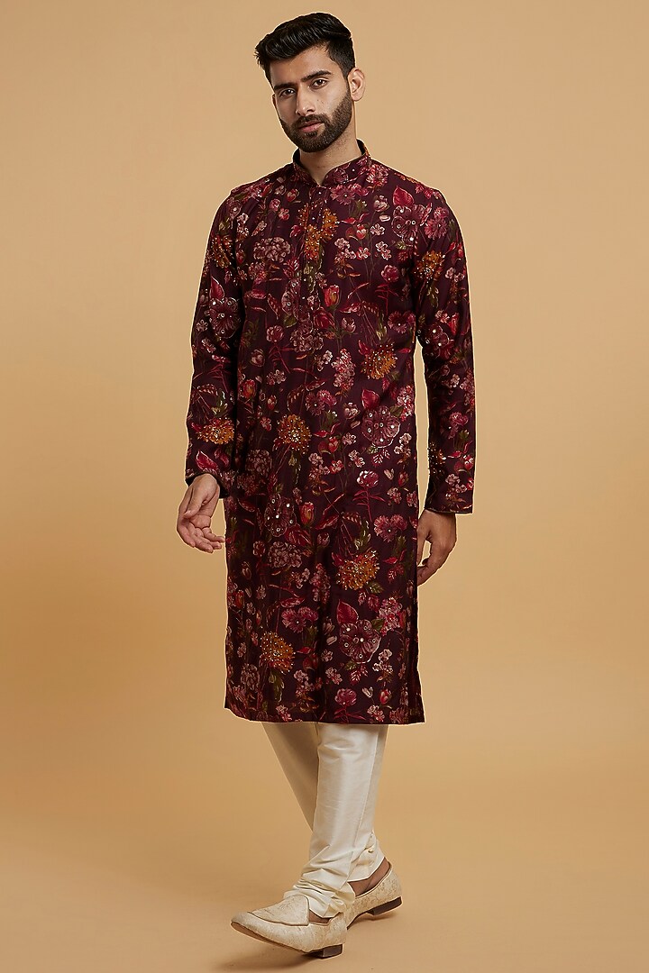 Wine Blended Viscose Printed & Stone Work Kurta Set by Twamev at Pernia's Pop Up Shop