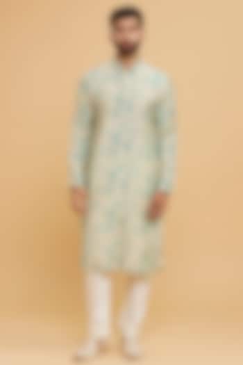 Aqua Green Blended Viscose Printed & Sequins Embroidered Kurta Set by Twamev