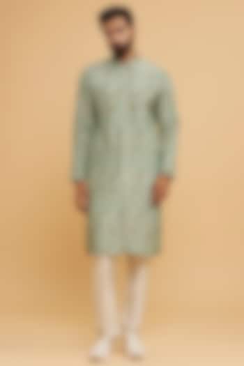 Green Rayon Printed & Moti Work Kurta Set by Twamev