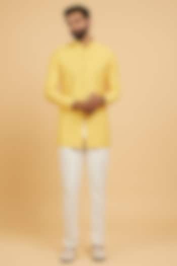 Yellow Art Silk Printed & Thread Embroidered Kurta Set by Twamev at Pernia's Pop Up Shop