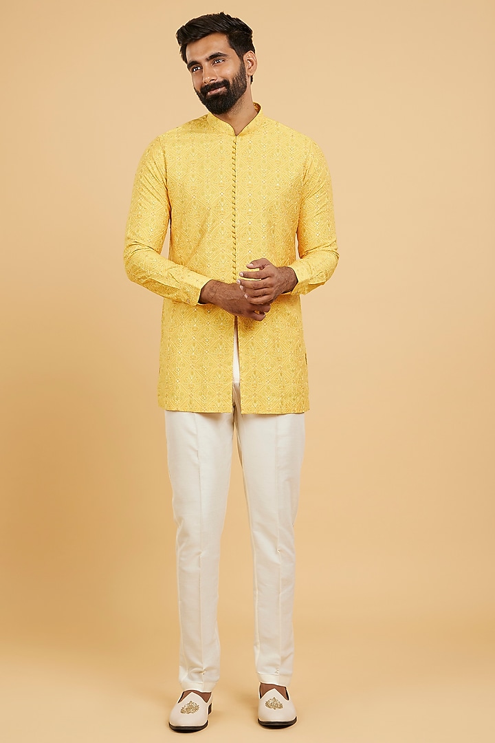 Yellow Art Silk Printed & Thread Embroidered Kurta Set by Twamev at Pernia's Pop Up Shop