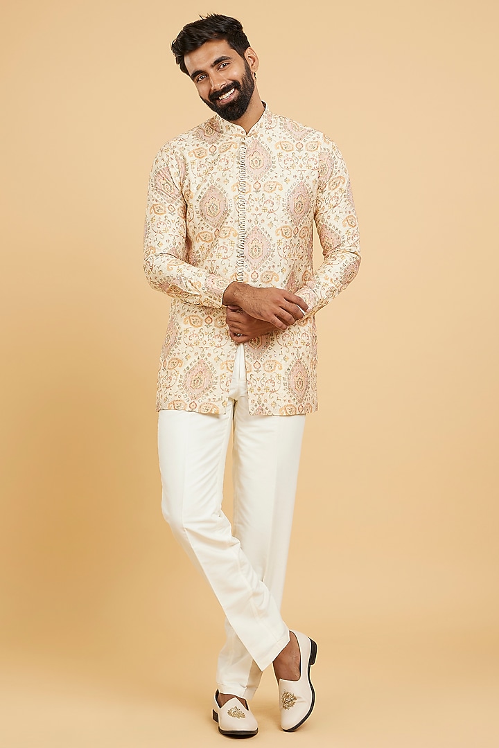 Beige Art Silk Hand Embroidered Kurta Set by Twamev at Pernia's Pop Up Shop
