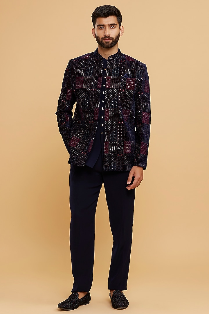 Blue Velvet Sequins Embroidered Wedding Indowestern Set by Twamev at Pernia's Pop Up Shop