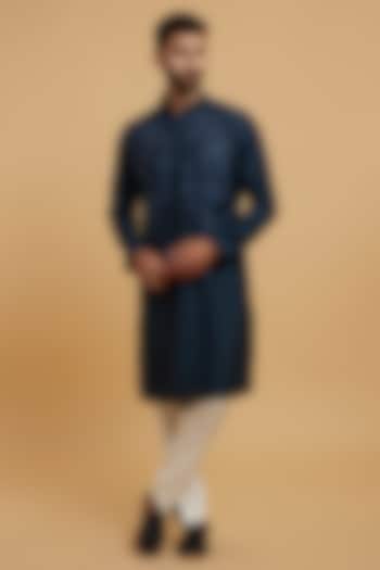 Dark Blue Blended Rayon Kurta Set by Twamev