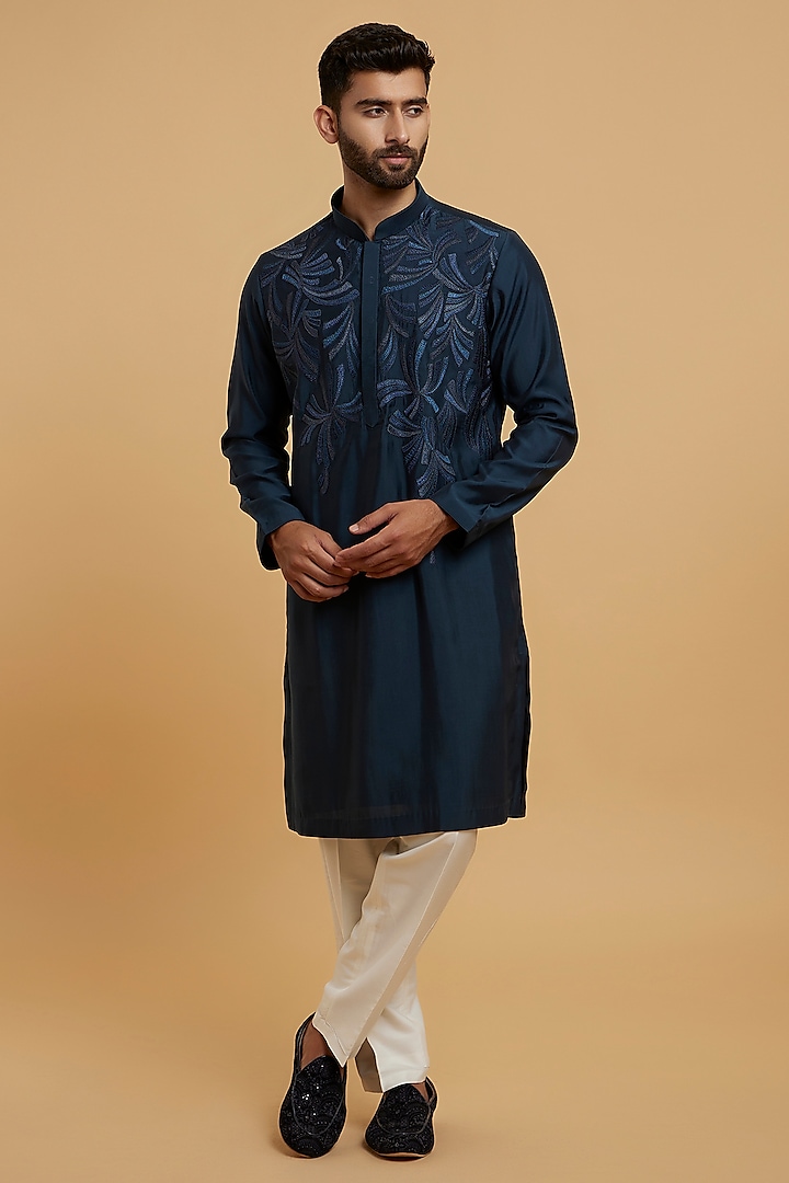 Dark Blue Blended Rayon Kurta Set by Twamev