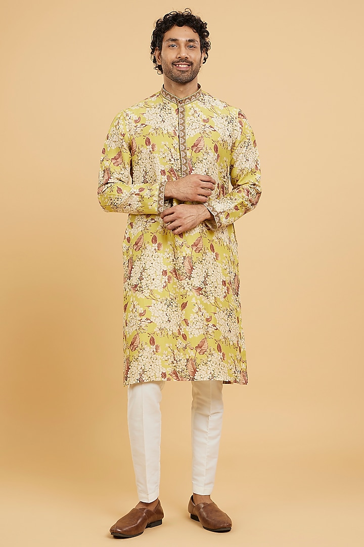Yellow Art Silk Embroidered Kurta Set by Twamev at Pernia's Pop Up Shop