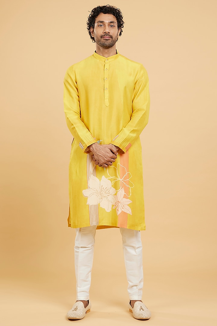 Mustard Yellow Art Silk Floral Printed Kurta Set by Twamev