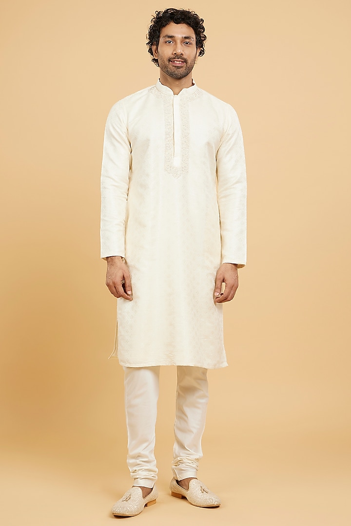 Beige Brocade Moti Work Kurta Set by Twamev