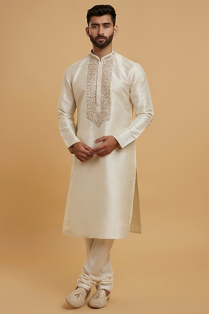 Beige Silk Chikankari Kurta Set by Twamev at Pernia's Pop Up Shop