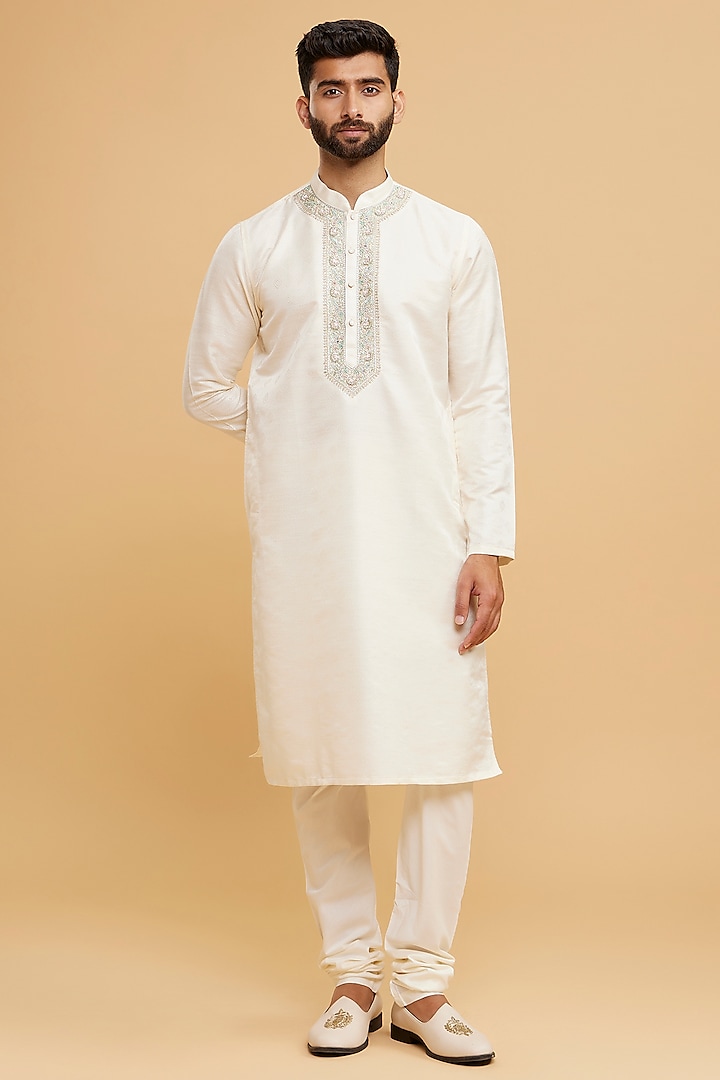 Cream Brocade Chikankari Kurta Set by Twamev