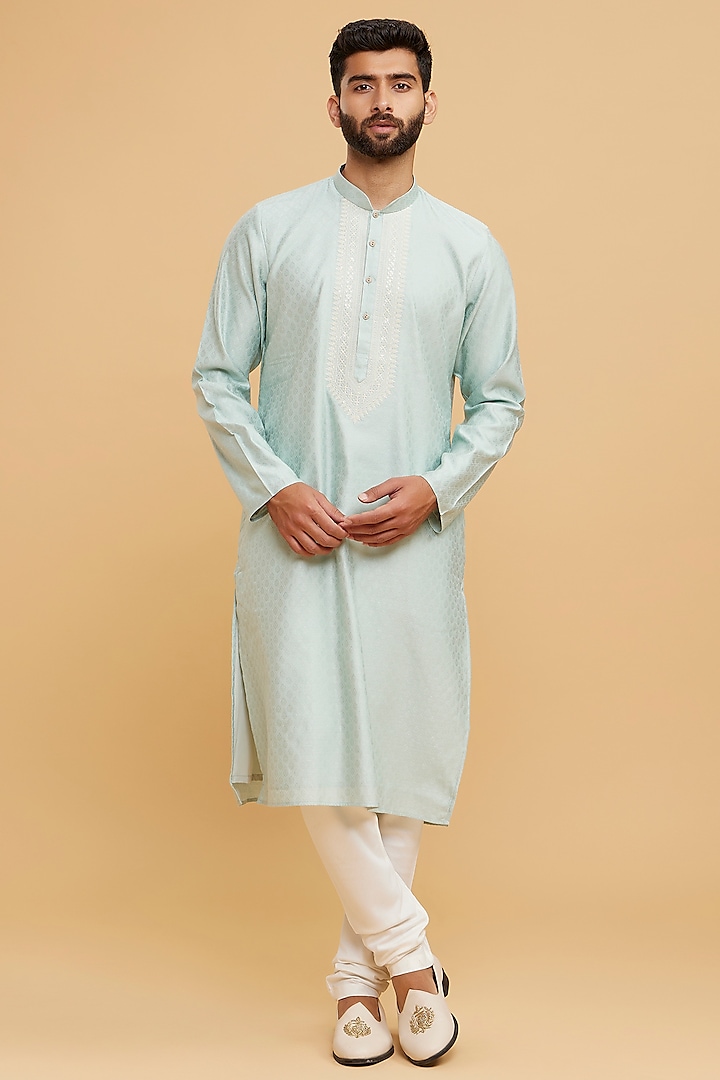 Aqua Green Brocade Chikankari Kurta Set by Twamev