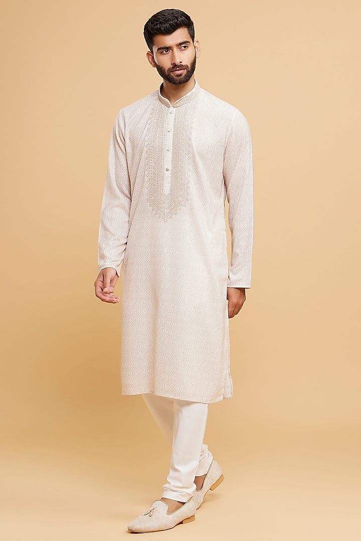 Beige Blended Cotton Chikankari Kurta Set by Twamev