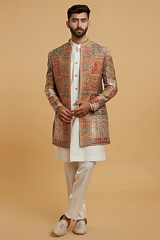 Cream Brocade Indowestern Set by Twamev