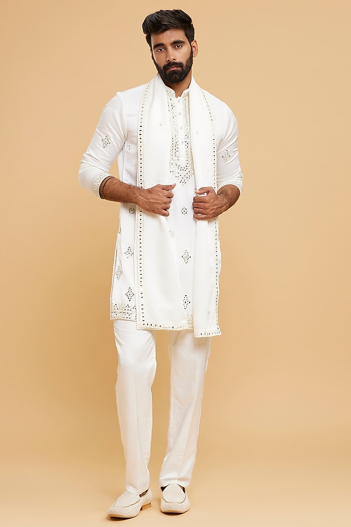 Cream Satin Chikankari Work Kurta Set by Twamev at Pernia's Pop Up Shop