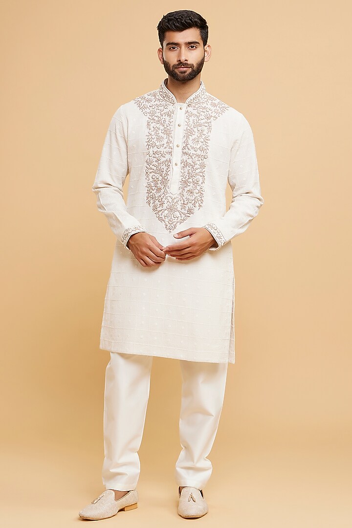 Cream Cotton Chikankari Kurta Set by Twamev at Pernia's Pop Up Shop