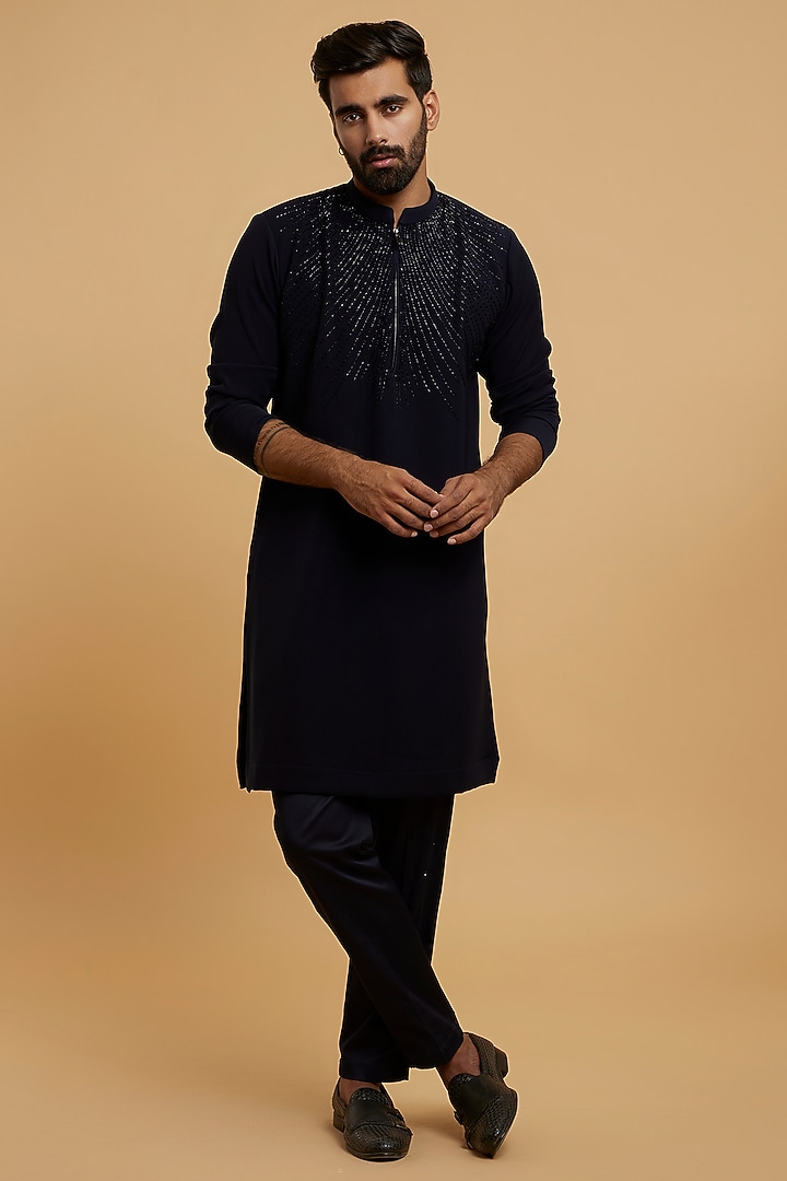 Dark Blue Blended Rayon Moti Work Kurta Set by Twamev at Pernia's Pop Up Shop
