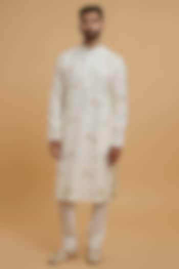 Cream Blended Viscose Embroidered Kurta Set by Twamev